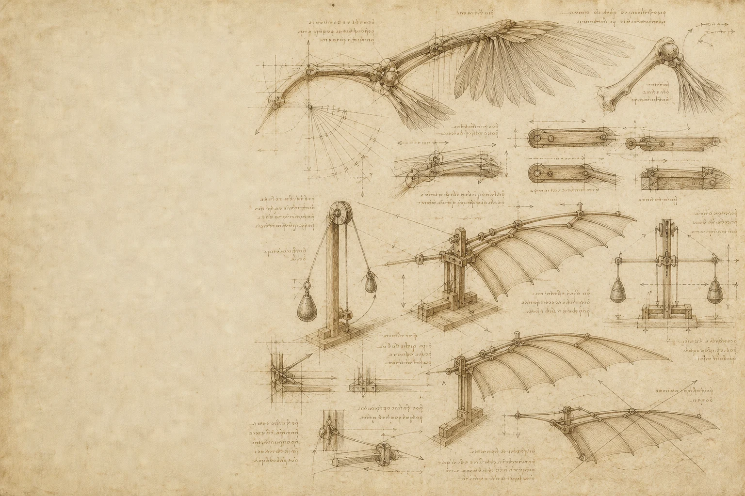 Da Vinci-inspired illustrated invention folio with wing observations and mechanism studies.
