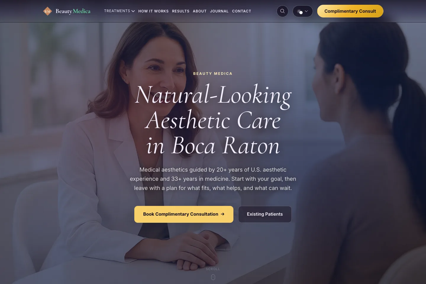 Beauty Medica website with treatment imagery, practitioner context, and a consultation path.