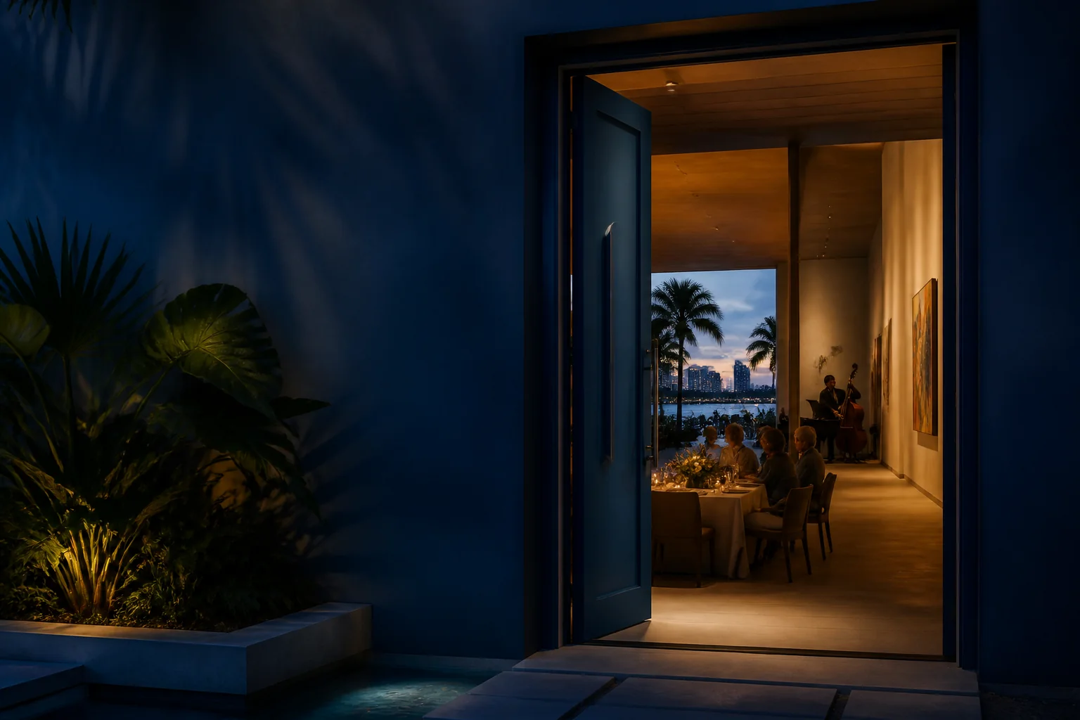 Three adults approaching a warm venue through an open blue doorway at twilight