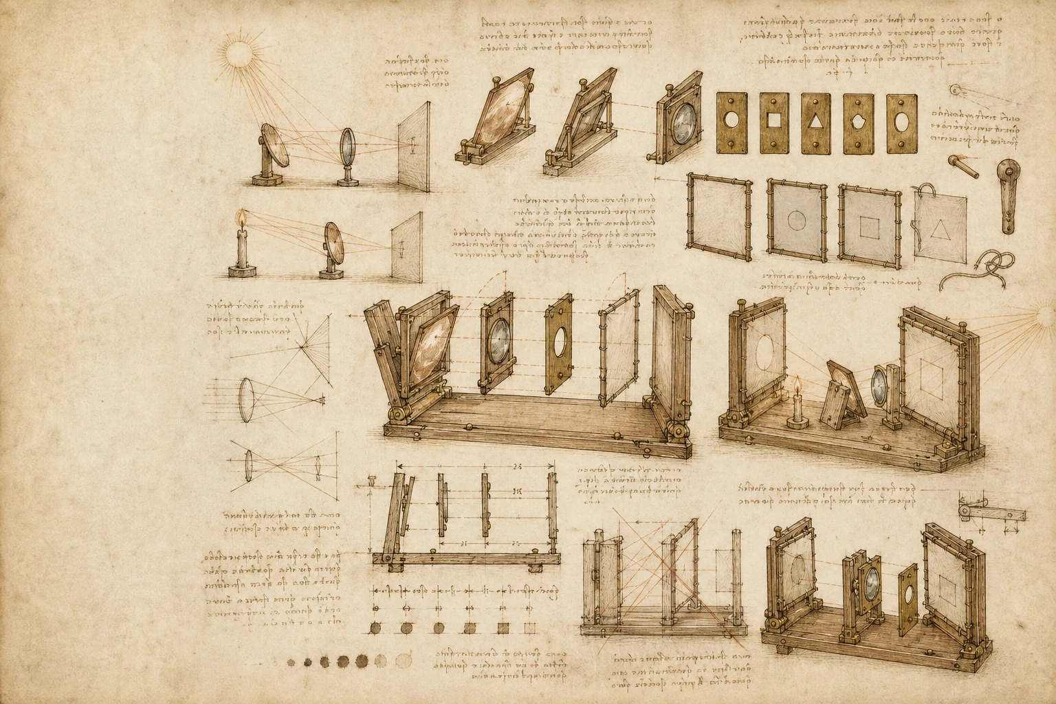 Da Vinci-inspired optical study with light paths, mirrors and comparison frames.