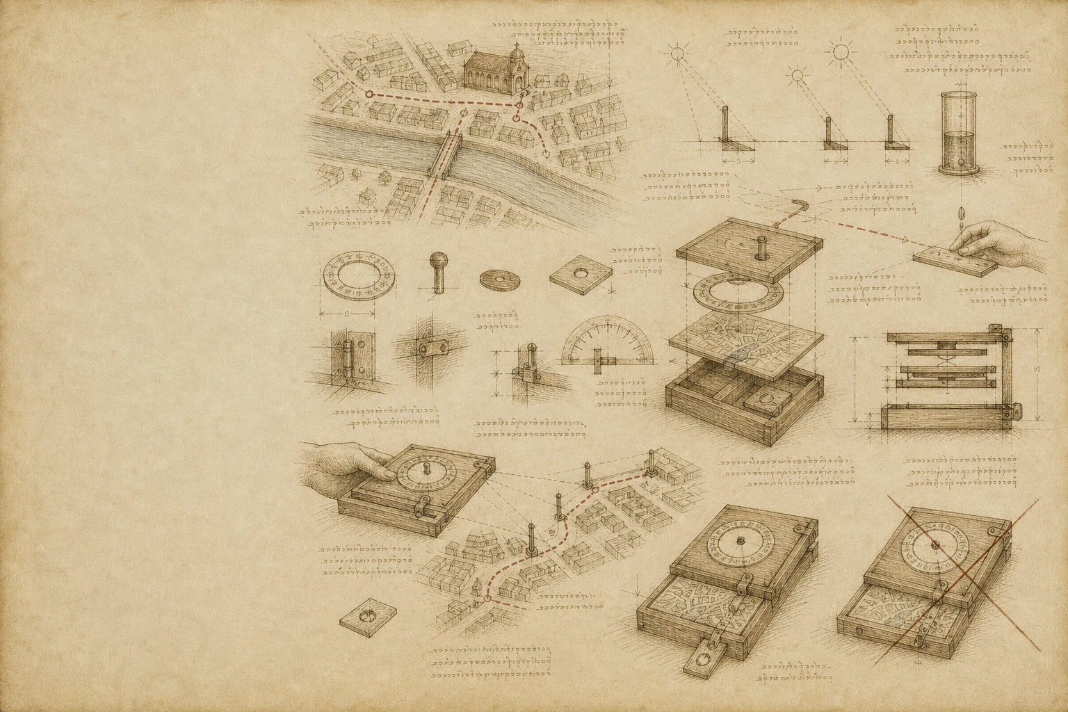 Da Vinci-inspired map and time register with route and observation studies.