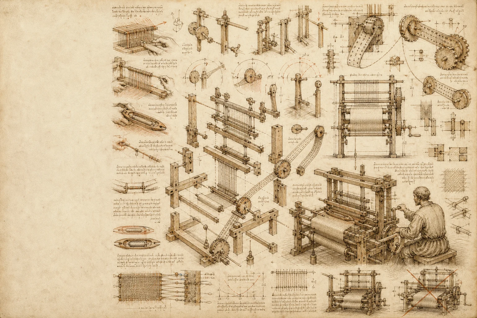Da Vinci-inspired mechanical loom study with shuttles, gears and material experiments.