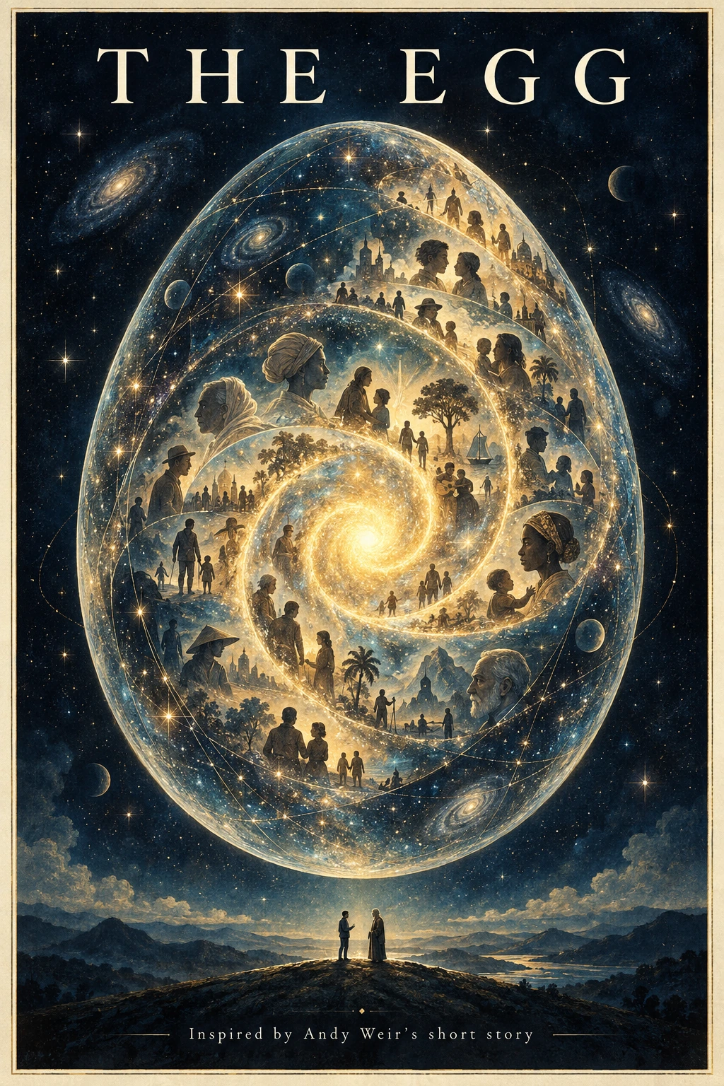 The Egg illustrated cover, with a luminous egg made from human lives and a golden spiral.